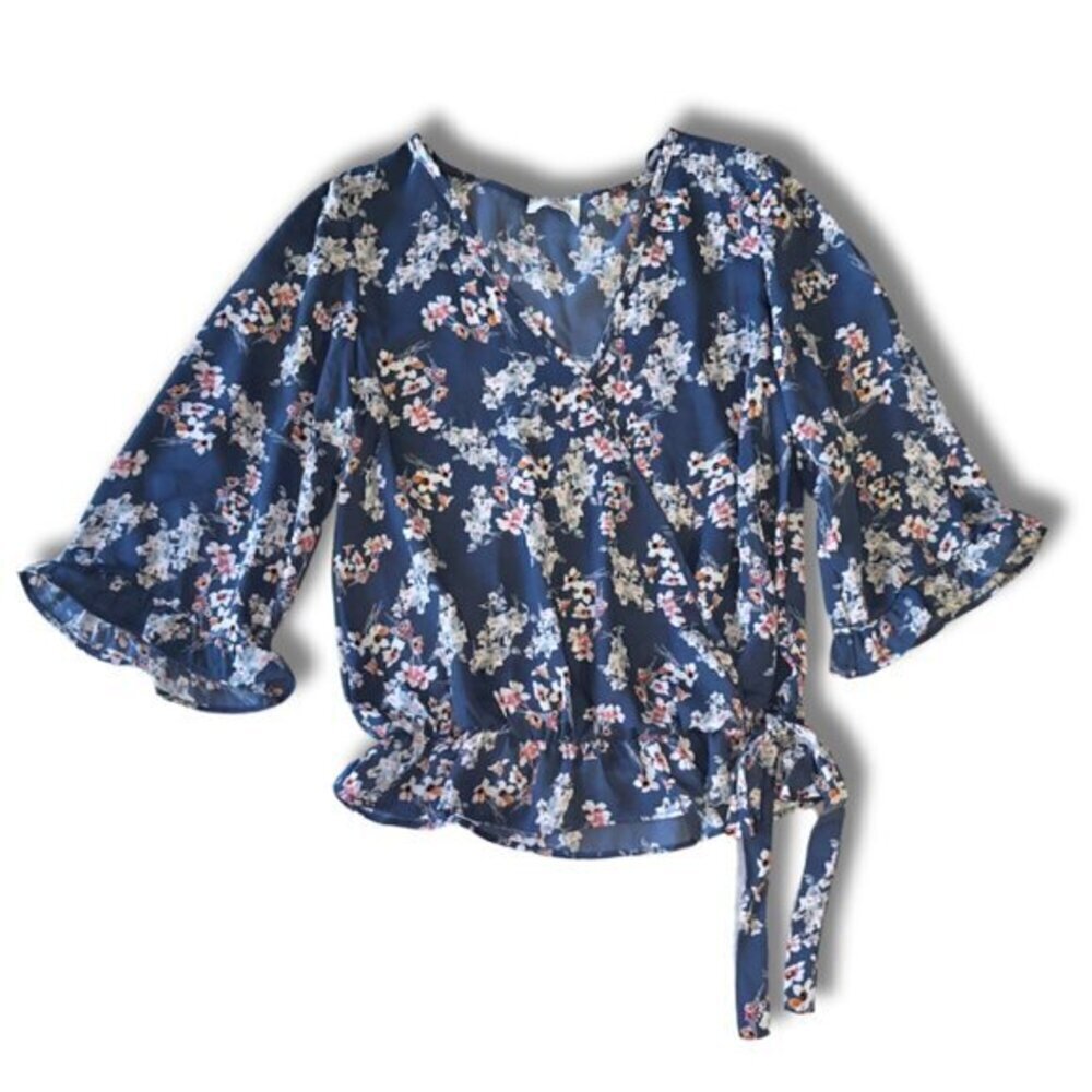Sienna & Sky XS Women's Denim Blue Floral 1/2 Sleeve Peplum Top